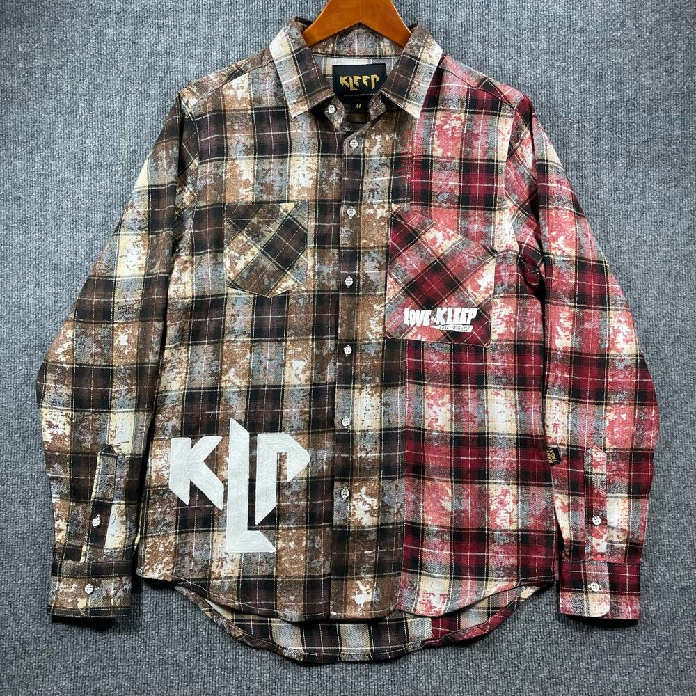 Kleep Button Up Shirt Men's Medium Red/Brown Plaid Grunge Custom Streetwear